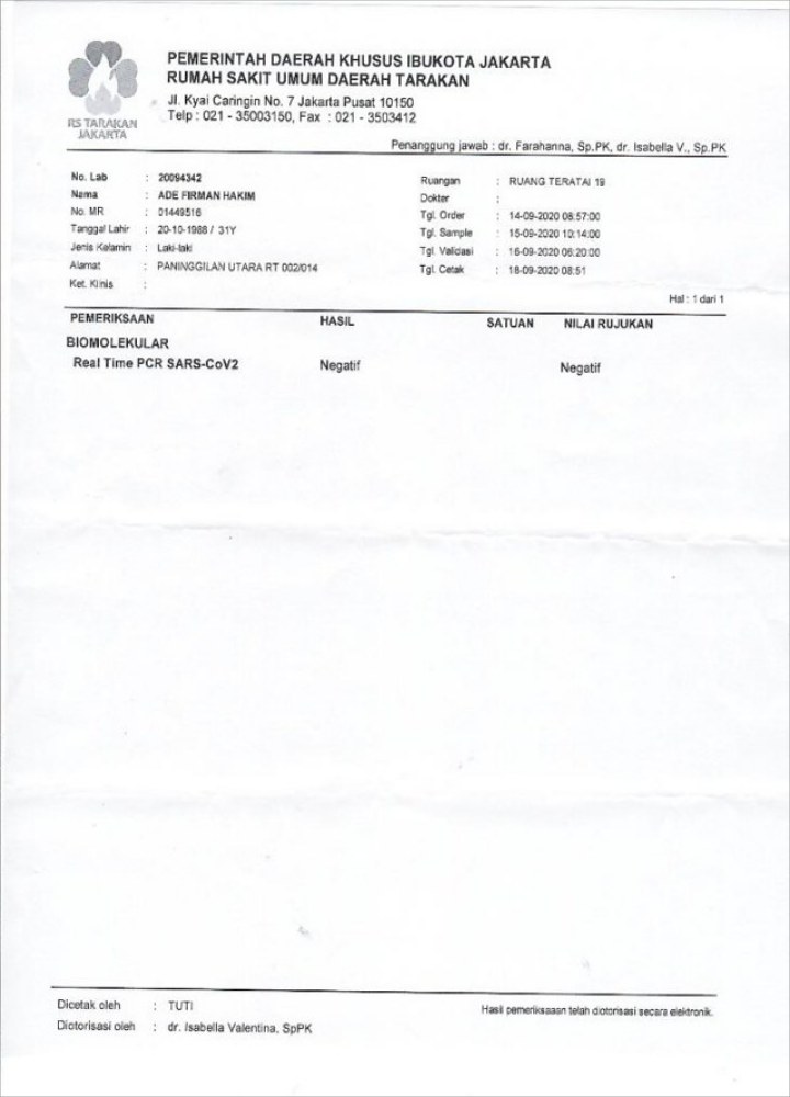 Hasil Swab Tes Ade Firman Hakim