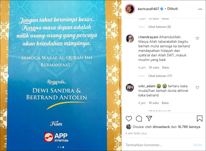Gandeng Dewi Sandra, Bertrand Antolin Wakafkan Ribuan Alquran Bikin Terharu