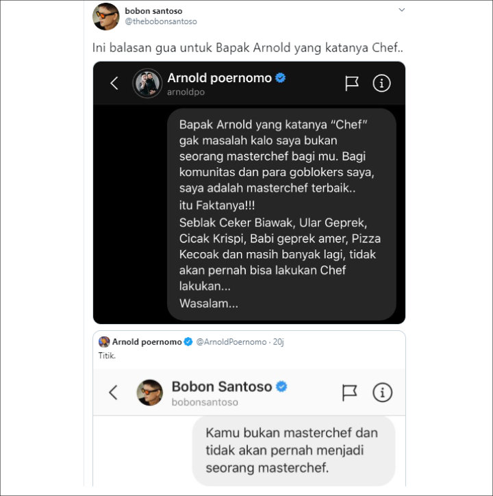 Makin Panas, Bobon Santoso Balas Menohok Kiriman Pesan Langsung Dari Chef Arnold