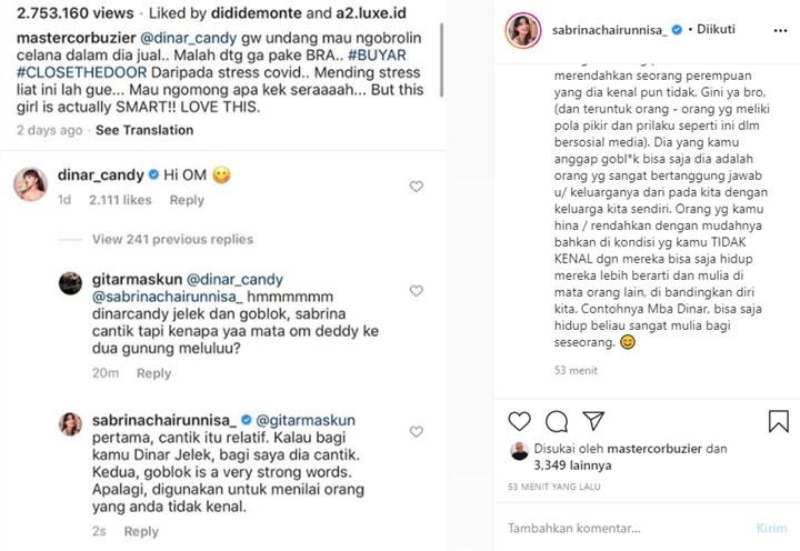 Dinar Candy Dihina Gara-gara Konten Bareng Deddy Corbuzier, Begini Reaksi Sabrina Chairunnisa