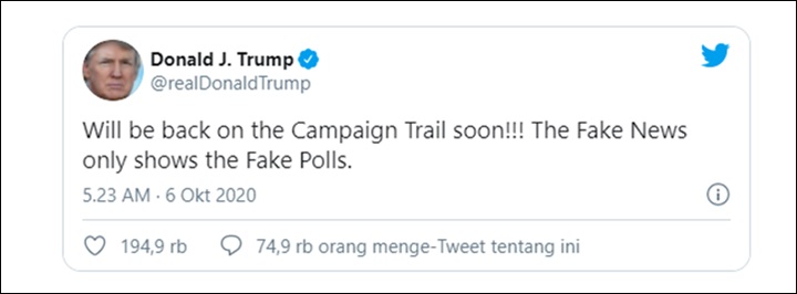 Presiden AS Donald Trump Ngotot Tetap Lanjutkan Kampanye Pilpres Meski Belum Pulih Sepenuhnya dari COVID-19