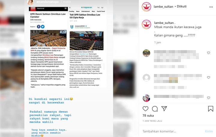 Ikut Komentari Pengesahan UU Cipta Kerja, Amanda Manopo: Sangat Dikecewakan
