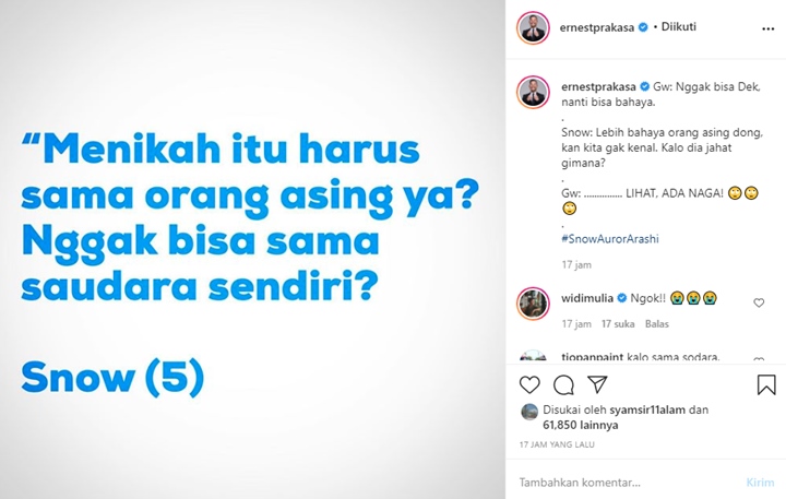 Baru Berusia 5 Tahun, Snow Putra Ernest Prakasa Tanya Soal Pernikahan