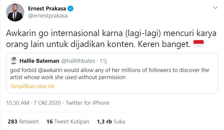 Awkarin Kepergok Curi Karya Orang, Ernest Prakasa Singgung Kedekatan dengan Anak Menteri