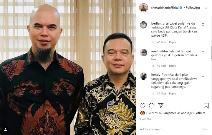 Ahmad Dhani Pamer Foto Bareng Ketua Harian Gerindra, Ramai Dicecar Soal Omnibus Law