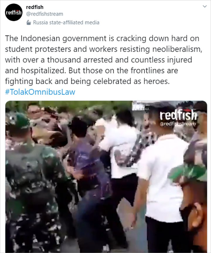 Soroti Aksi Demo Ricuh, Media Rusia Redfish Ikut Ramaikan Tagar #TolakOmnibusLaw
