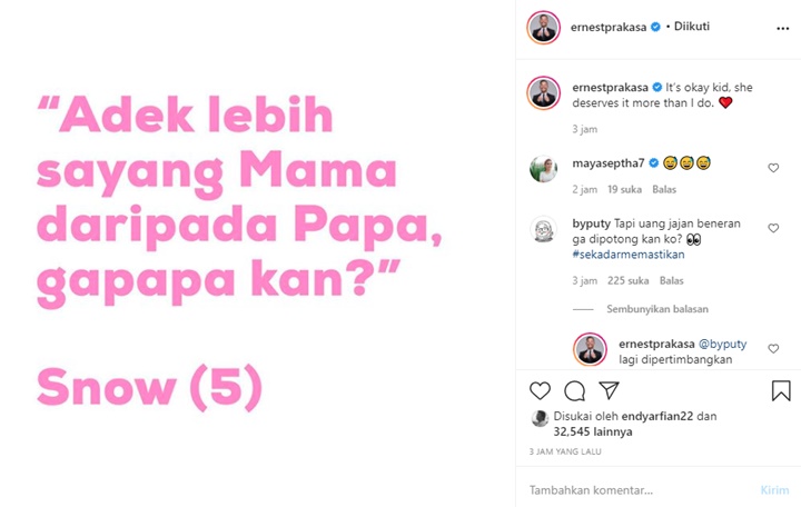 Snow Lebih Sayang Sang Ibu Ketimbang Ernest Prakasa, Uang Jajan hingga Warisan \'Terancam\'