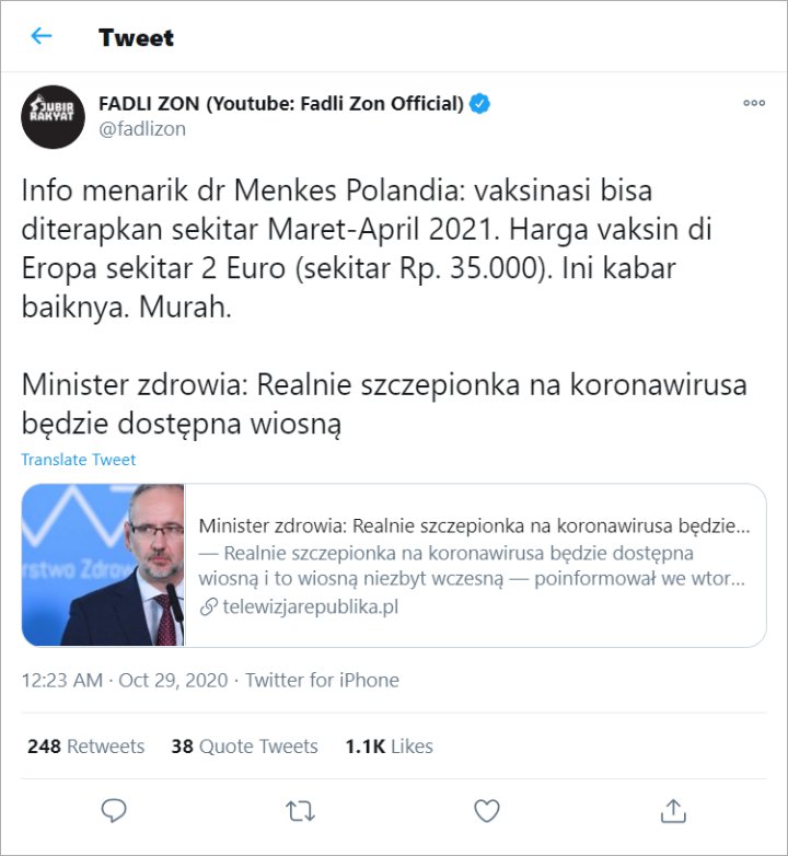 Fadli Zon \'Sentil\' Soal Harga Vaksin COVID-19 di Polandia Cuma Rp 35 Ribu, Ini Kata Bio Farma