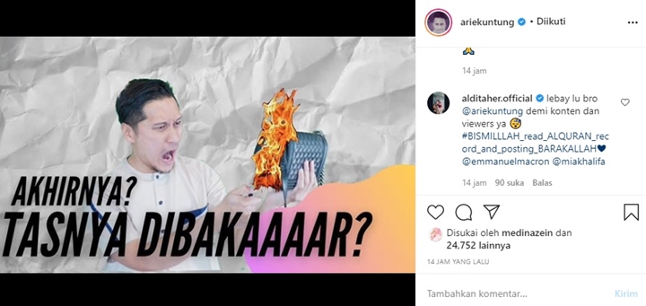 Arie Untung \'Bakar\' Tas Produk Prancis, Aldi Taher Sindir Lebay hingga demi Viewers