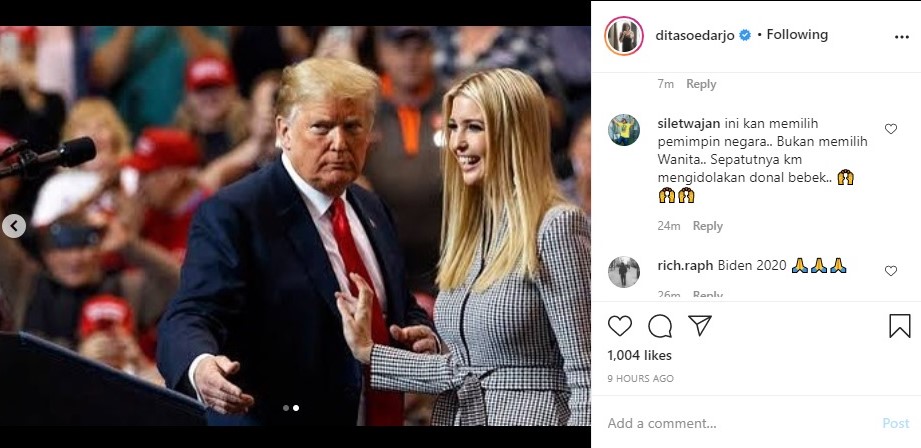 Dita Soedarjo Beri Dukungan Untuk Kemenangan Donald Trump, Tuai Reaksi Sinis