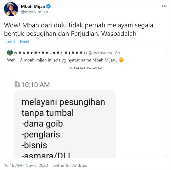 Mbah Mijan Klarifikasi Soal Beredarnya Pesan Yang Menawarkan Jasa Pesugihan Atas Namanya