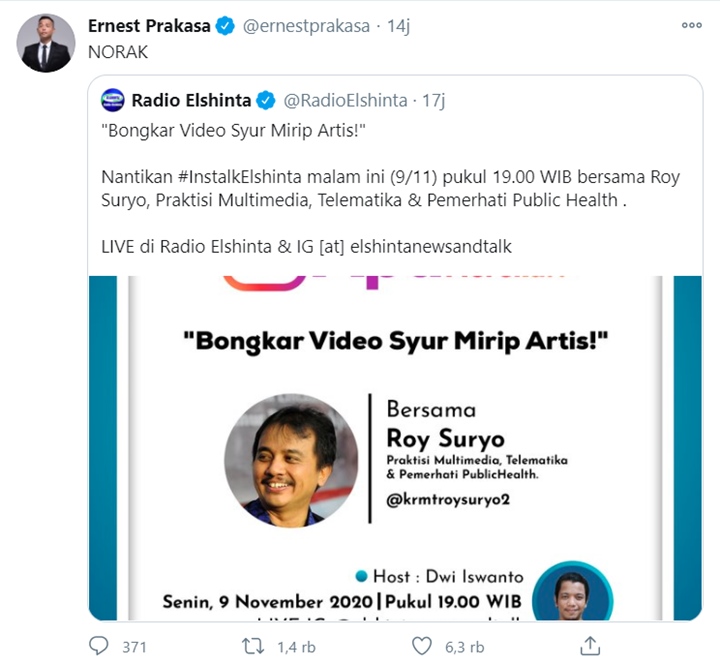 Roy Suryo Bongkar Video Syur Mirip Artis, Ernest Prakasa: Norak!