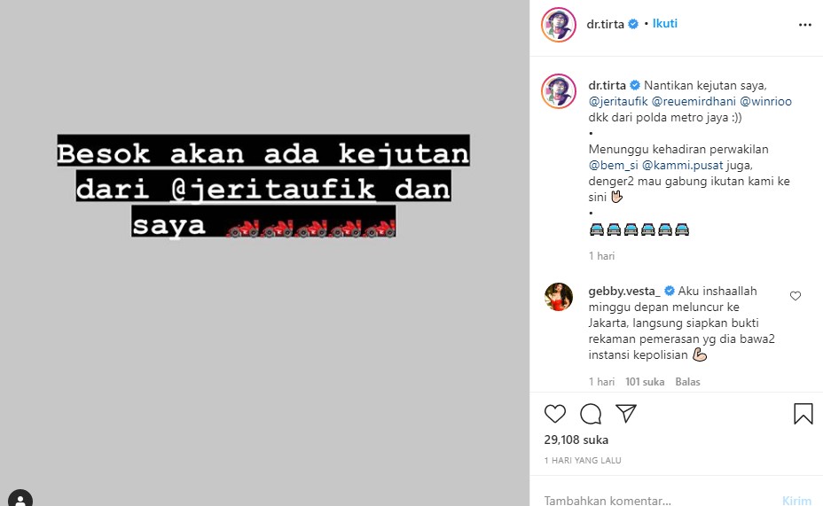 Dokter Tirta Dan Artis Korban Pemerasan Laporkan Adam Deni, Gebby Vesta Siap Beri Bukti