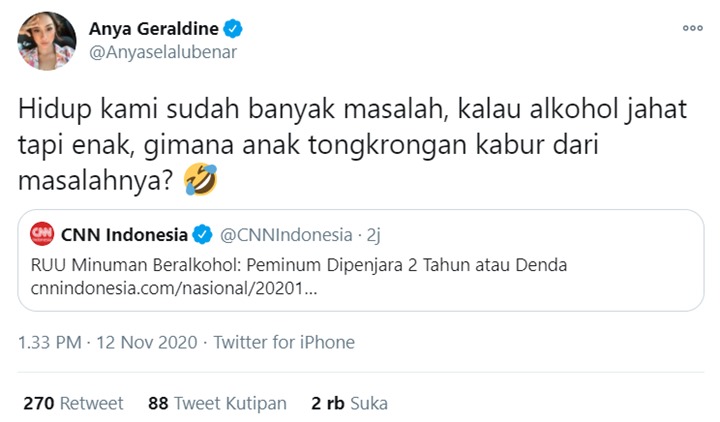 Tanggapi RUU Larangan Minol, Anya Geraldine: Hidup Kami Sudah Banyak Masalah
