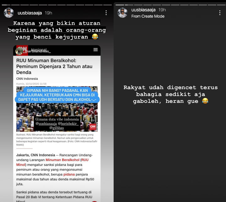 Komentar Menohok Uus Soal RUU Larangan Minuman Beralkohol: Bahagia Sedikit Aja Gak Boleh