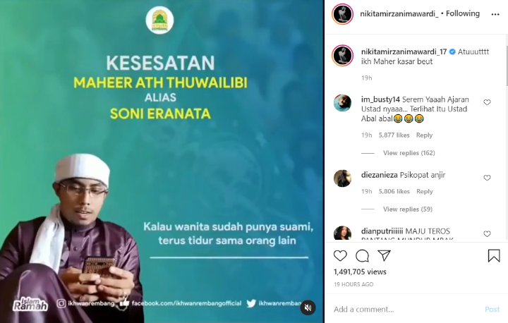 Nikita Mirzani Bagikan Rekaman Ceramah Ustaz Maheer Sarankan Bunuh Istri, Bikin Ngeri