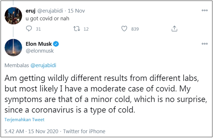 Sempat Sesumbar Tak Butuh Vaksin Bos Tesla Elon Musk Akui Alami Gejala Sedang Covid 19