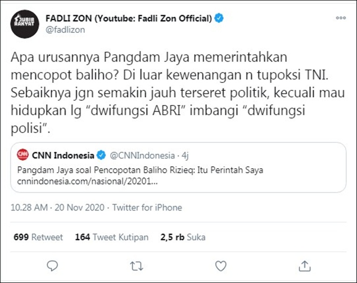 Fadli Zon soal Pangdam Jaya