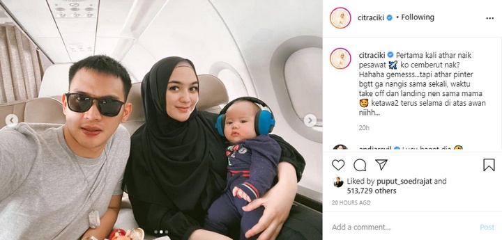 Citra Kirana dan Rezky Aditya Naik Pesawat Bareng Baby Athar