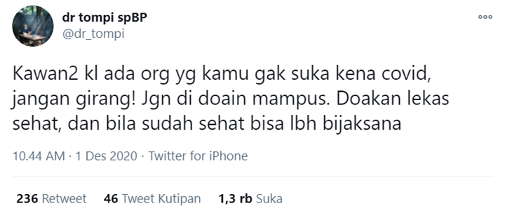 Tompi Ingatkan Netizen agar Tak Girang Lihat Orang Positif COVID-19