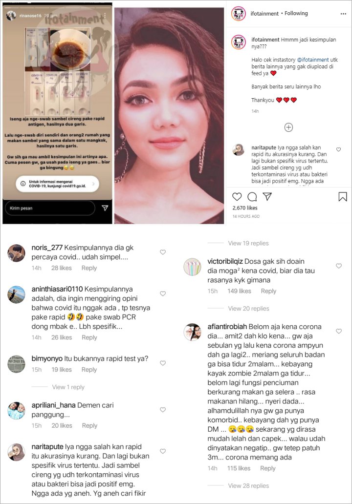 Rina Nose Dihujat Karena Iseng Bandingkan Hasil Swab Test Sambal Cireng dan Orang Rumah
