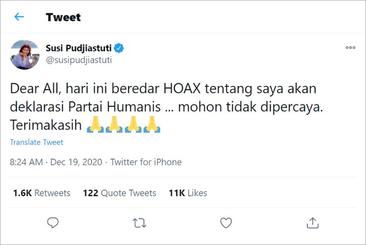 Susi Pudjiastuti Buka Suara Tanggapi Isu Mau Dirikan Partai Humanis