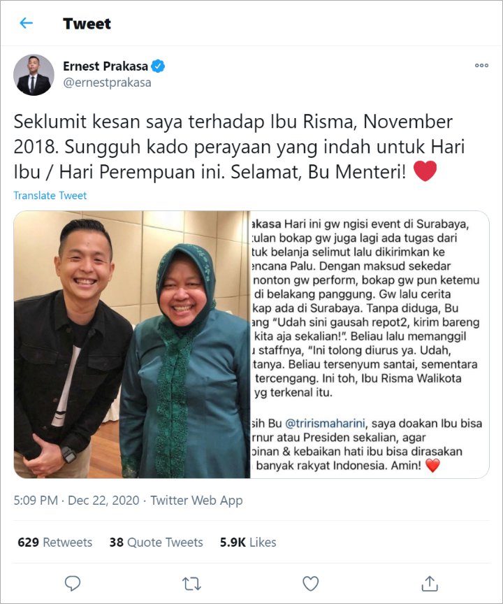 Puji Tri Rismaharini Jadi Mensos, Ernest Prakasa Kenang Momen Bertemu di 2018