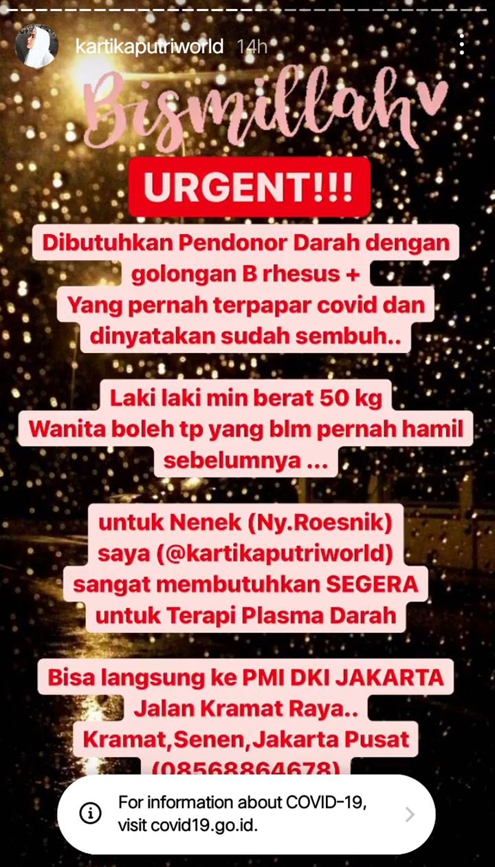 Kartika Putri Butuh Donor Darah untuk Pengobatan Sang Nenek, Sakit Apa?