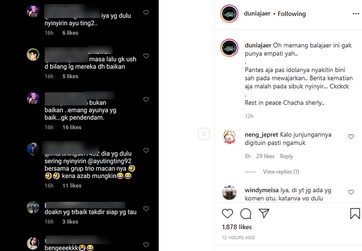 Fans Ayu Ting Diduga Sebut Kematian Chacha Sherly Azab