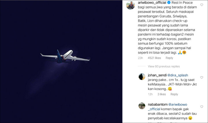 Ari Wibowo Komentari Postingan Jokowi Soal Jatuhnya Sriwijaya Air, Malah Ramai Dinasihati