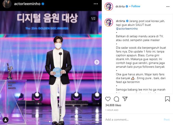Dokter Tirta Puji Attitude Lee Min Ho yang Selalu Pakai Masker, Sindir Siapa?