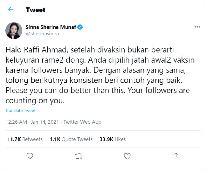 Sherina Kritik Raffi Ahmad Yang Abaikan Protokol Kesehatan Pasca Divaksin