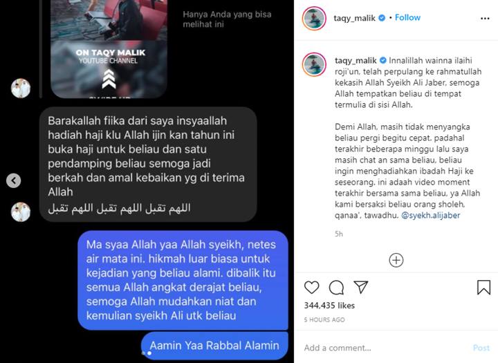 Taqy Malik Beber Chat Terakhir dengan Syekh Ali Jaber, Isinya Bikin Sedih