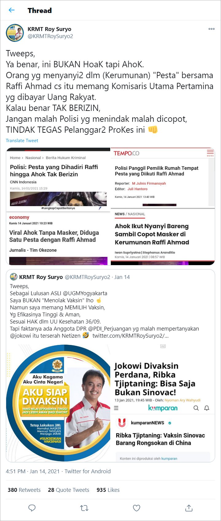 Roy Suryo Turut Sindir Raffi Ahmad Langgar Prokes, Polisi Jawab Begini Soal Izin Pesta