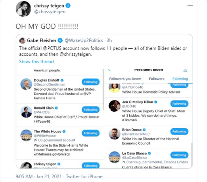 Chrissy Teigen Difollow Joe Biden