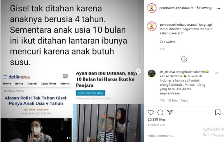 Tak Dipenjara, Kasus Gisel Dibandingkan dengan Seorang Ibu Ditahan Bersama Bayinya