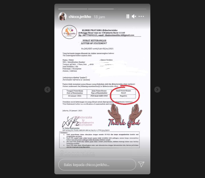 Chico Jerico Ungkap Rasa Syukur Saat Umumkan Hasil Tes PCR Sudah Negatif Dari COVID-19