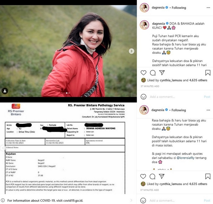 Donna Agnesia Sembuh dari Corona