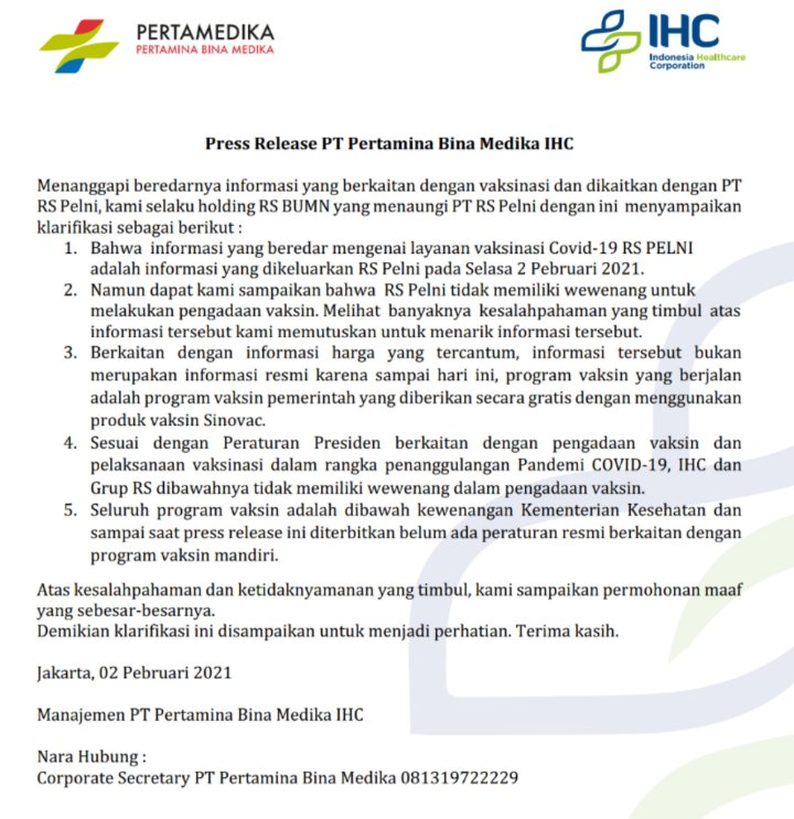 Heboh RS Pelni Buka Pre-Registrasi Vaksin COVID-19 Mandiri, Ini Penjelasannya