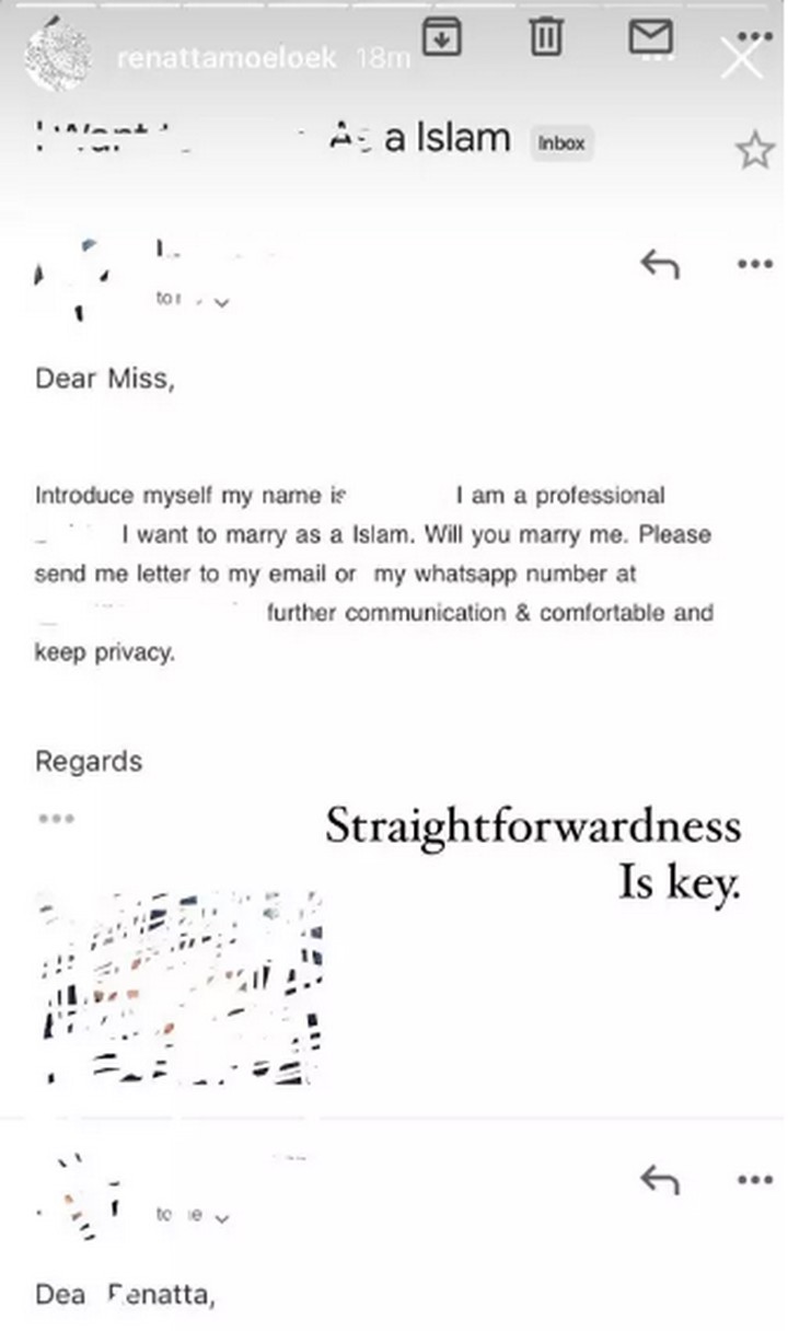 renatta moeloek dilamar fans via email