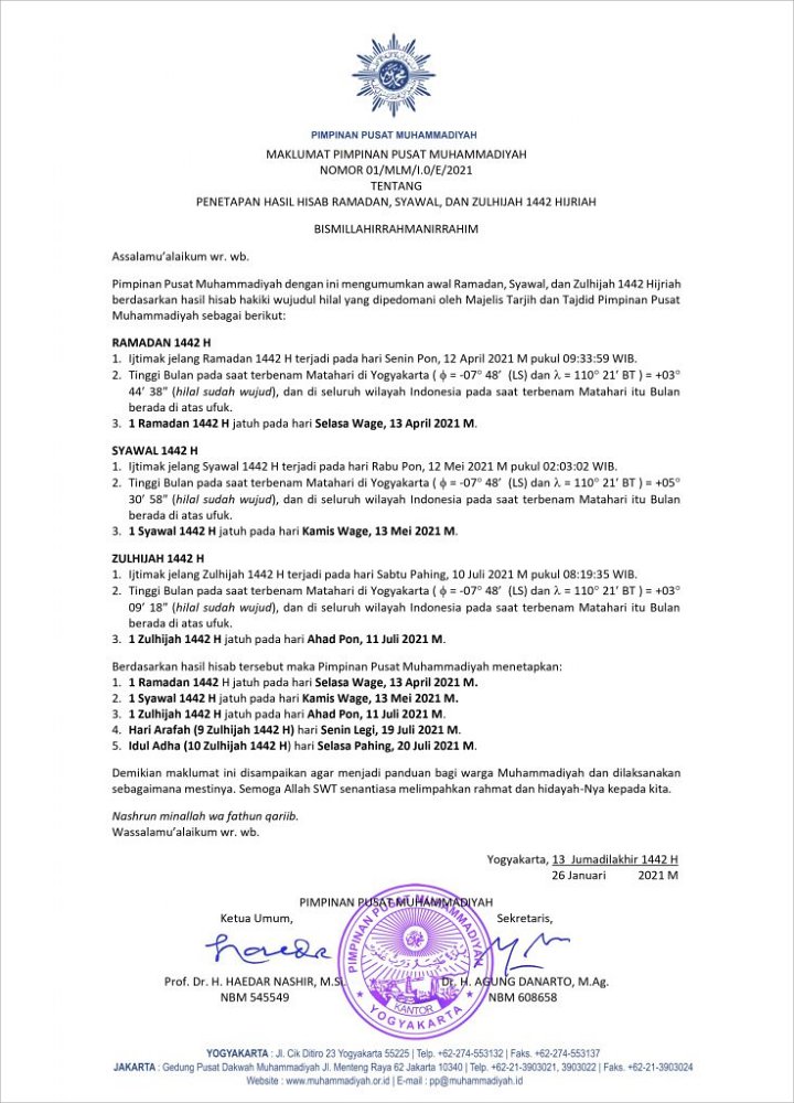 Muhammadiyah Ungkap Maklumat, Ramadhan 2021 Jatuh Pada 13 April