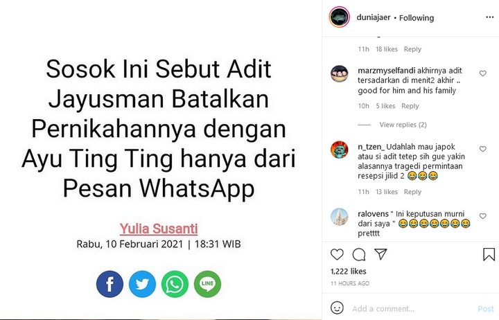 Adit Batalkan Pernikahan Ayu Ting Ting Lewat Whatsapp