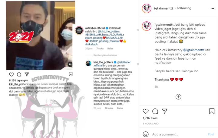 Kiki The Potters Ngamuk Usai Ditegur Aldi Taher Soal Postingan Dinilai Maksiat, Beri Saran Ini