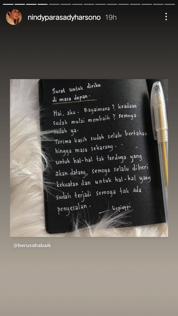 Nindy Ayunda Mendadak Tulis Surat Untuk Diri Sendiri di Masa Depan, Isinya Bikin Nyesek