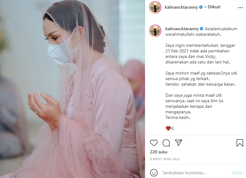 Kalina Oktarani Tegaskan Tidak Ada Pernikahan dengan Vicky Prasetyo, Tulis Permintaan Maaf