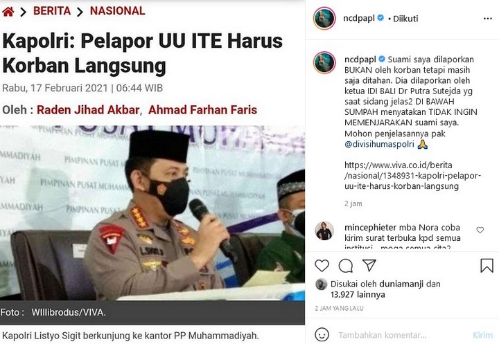 Nora Alexandra Singgung UU ITE