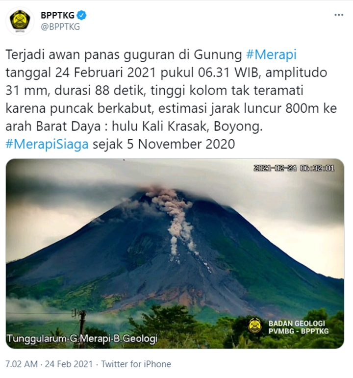 Gunung Merapi Erupsi Lagi Pagi Ini, Gugurkan Awan Panas Sejauh 800 Meter