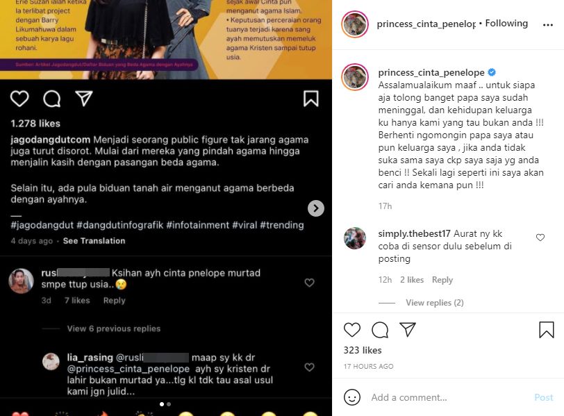 Ayah Dituding Meninggal Dalam Keadaan Murtad, Cinta Penelope Beri Peringatan Keras