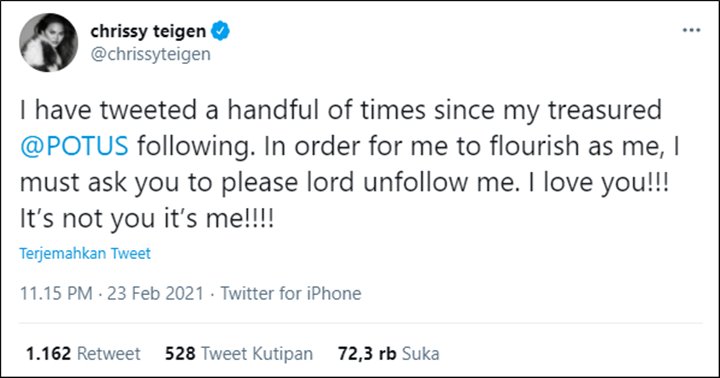Dulu Kegirangan, Chrissy Teigen Kini Mohon Untuk Diun-follow Presiden Joe Biden