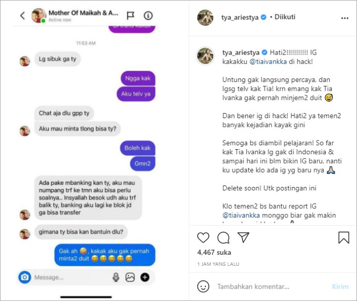 Akun Instagram Kakaknya Diretas, Tya Ariestya Nyaris Jadi Korban Penipuan